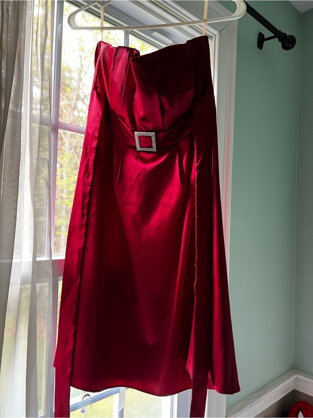 Frederick's of Hollywood Red Satin Strapless Dress with Decorative Buckle